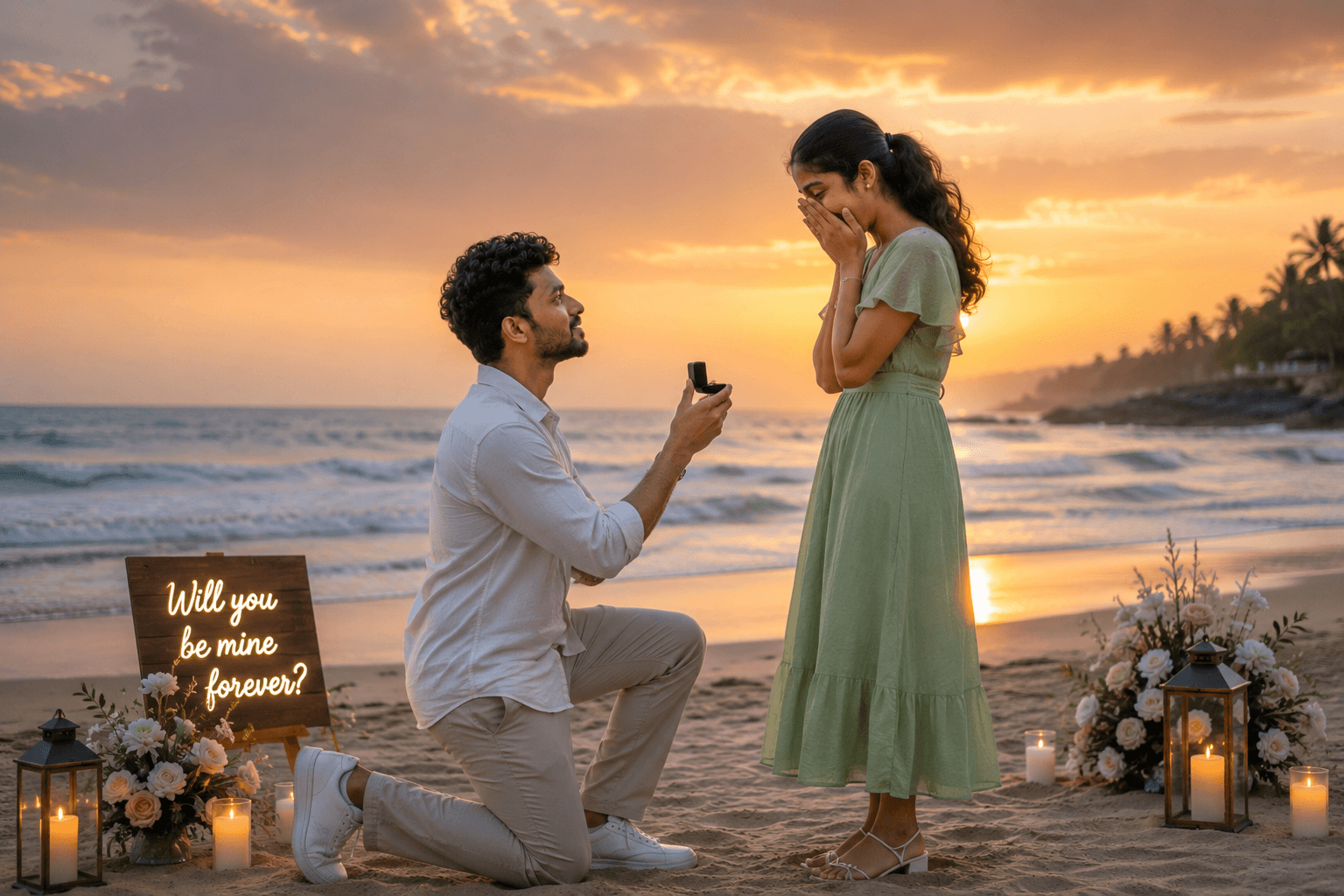 A romantic proposal at sunset by the sea