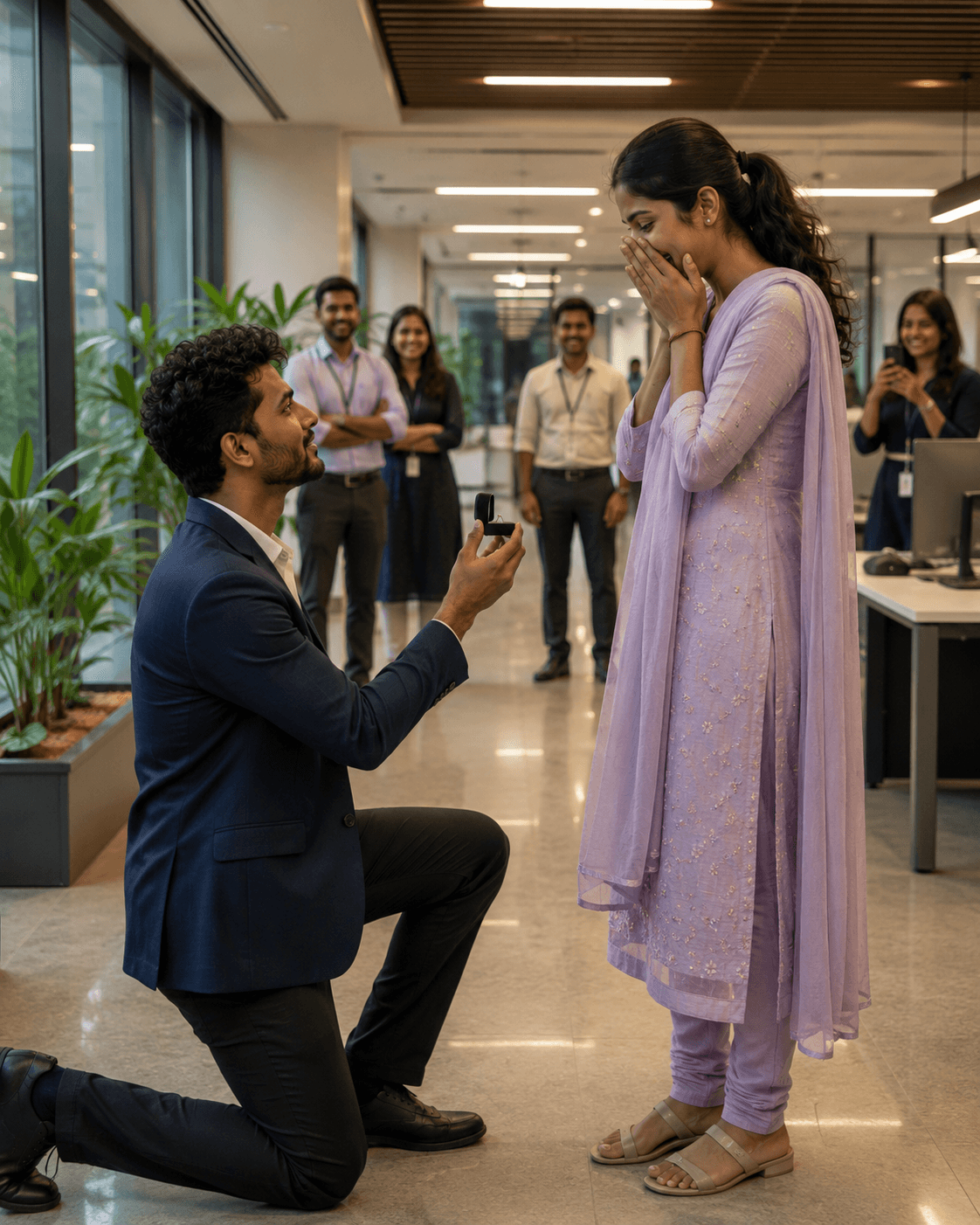 A romantic proposal outside the office